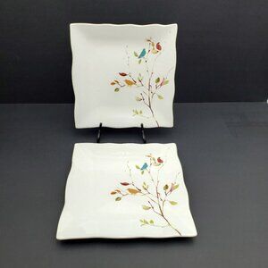 222 Fifth Egremont Salad Plates Multicolor Birds Wavy Edge Porcelain Plates